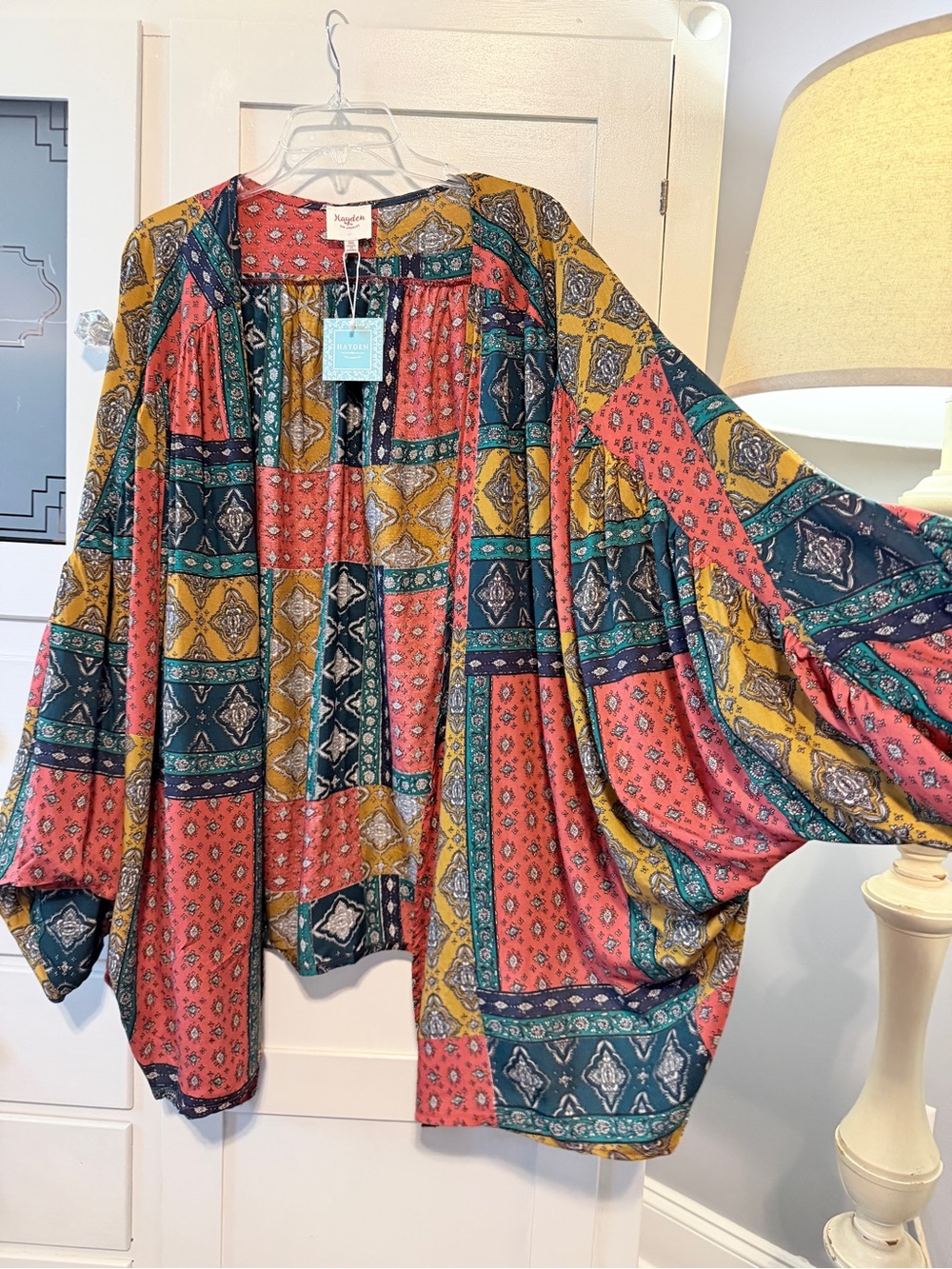 Hayden Multicolor Patchwork Boho Kimono Jacket - Coral, Mustard, Teal, Navy